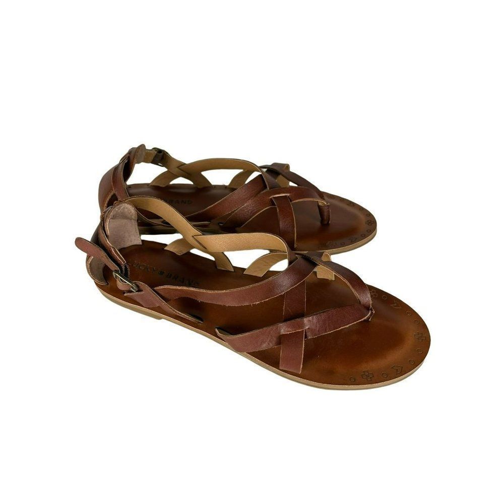 Lucky Brand Size 7.5 Womens Flat Brown Strappy Leather Sandals